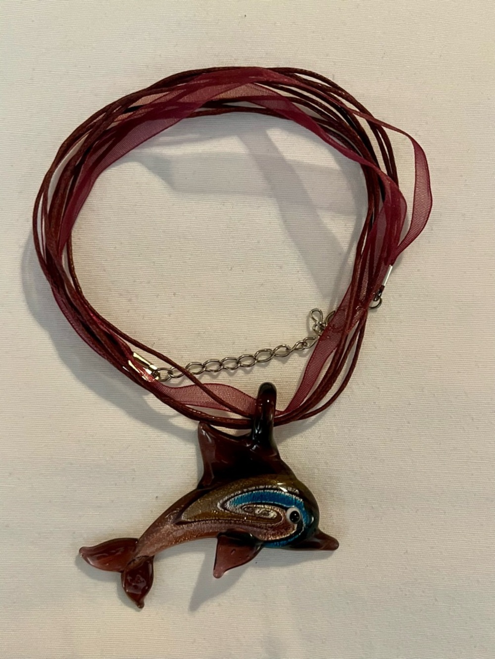Handcrafted Burgundy Dolphin Glass Pendant Necklace